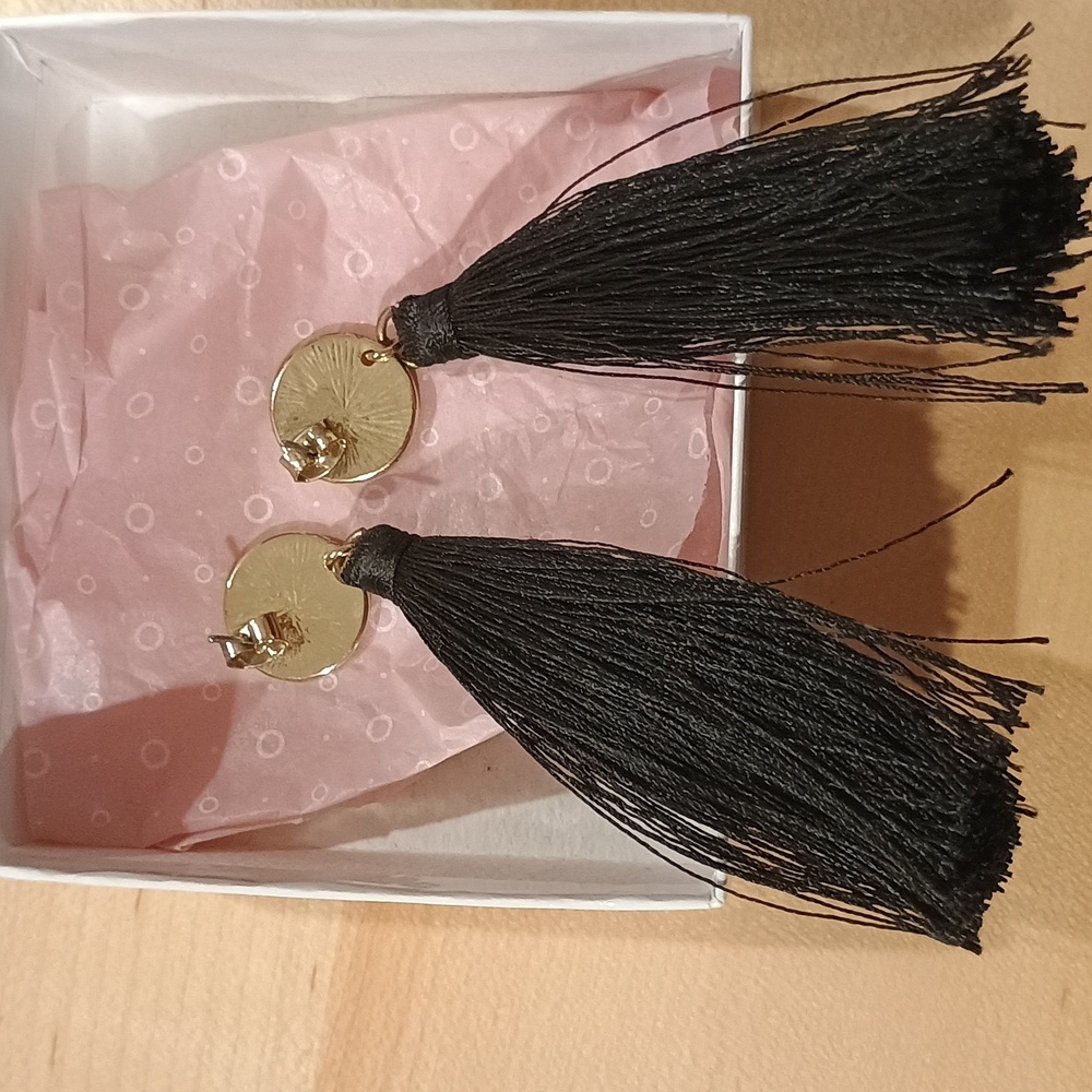 Chic Black Tassel Earrings with Gold Discs - Picture 3 of 6